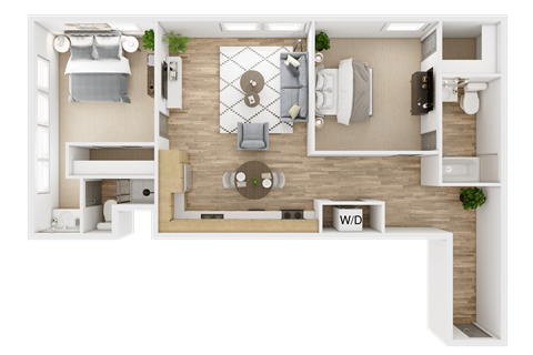 A top-down view of a small apartment layout with a kitchen, living room, and bathroom.